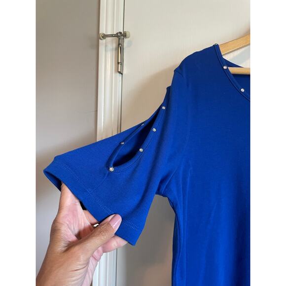Quacker Factory blue short split sleeve knit top rhinestones stretchy Size L - Picture 3 of 7